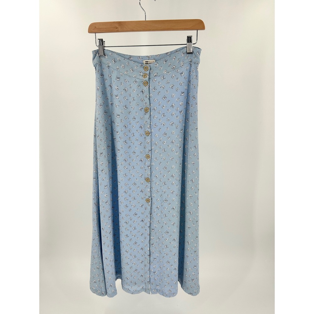 Billabong Blue Floral Button Down Midi Skirt Womens Small High Waisted Viscose